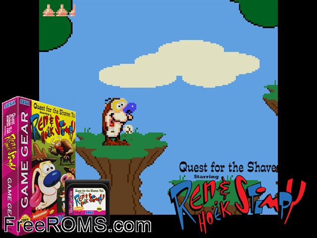 Ren and Stimpy - Quest for the Shaven Yak, The Game Gear game showing 3D box cover and gameplay screenshot
